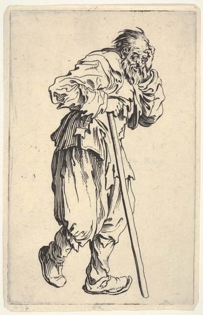 Skægget mand klædt i pjalter, der holder sit hoved med den ene hånd og en spadserestok med den anden, fra «Tiggerne» (Les Gueux) af Jacques Callot