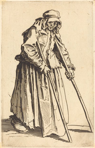 Tiggerkvinde med krykker, ca. 1622. af Jacques Callot