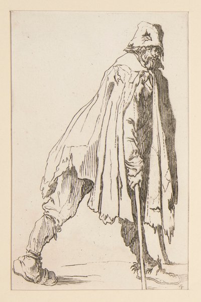 Tigger i kasket, på krykker, fra The Beggars. af Jacques Callot