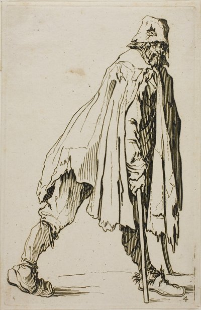 Tigger på krykker iført hat, tallerken fire fra The Beggars af Jacques Callot