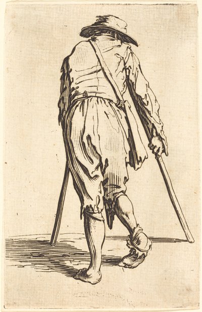 Tigger med krykker og hat, set bagfra af Jacques Callot