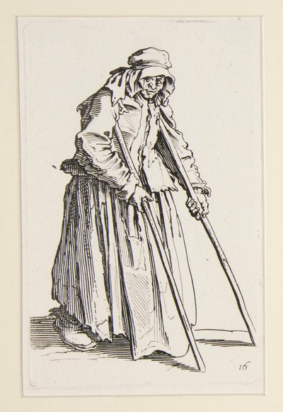 Tiggerkvinde på krykker fra The Beggars (La mendiante aux bequilles) af Jacques Callot