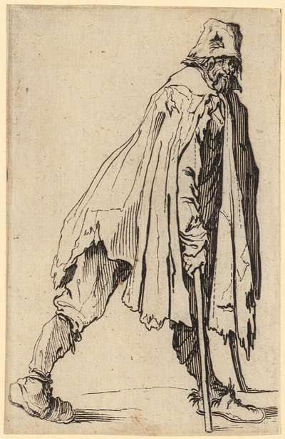 Tigger med krykker og hat, blad 4 i serien "Tiggerne" af Jacques Callot