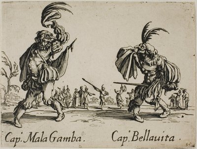 Kaptajn Mala Gamba - Kaptajn Bellavita, plade 15 fra Balli di Sfessania af Jacques Callot