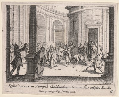 Kristus bliver stenet fra templet af Jacques Callot