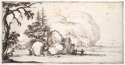 Fantastiske klipper ved kysten, bygninger ved kysten (pen og brunt blæk på papir) af Jacques Callot