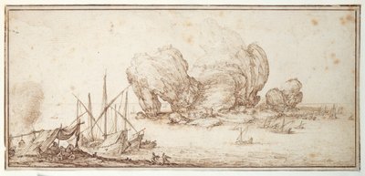 Fantastiske klipper, befæstet. Forsendelse. Søfarende bivuak i syne af deres fartøj (Le Grand Rocher) (pen og blæk på papir) af Jacques Callot