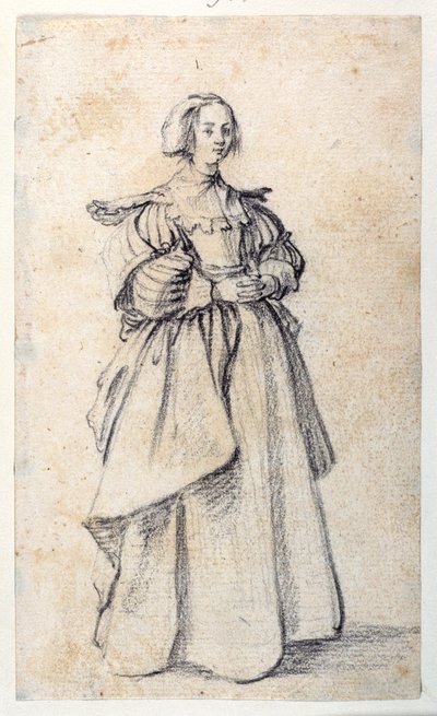 Kvindefigur (sort kridt på papir) af Jacques Callot