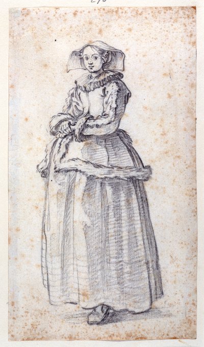 Figur med pelsklippet kjole (sort kridt på papir) af Jacques Callot