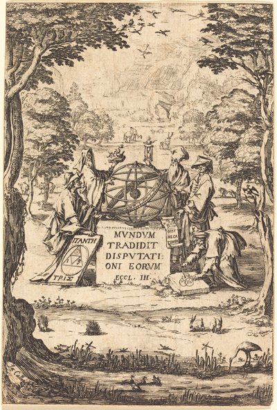 Frontispice til den hellige kosmologi-titel med astrologer. af Jacques Callot