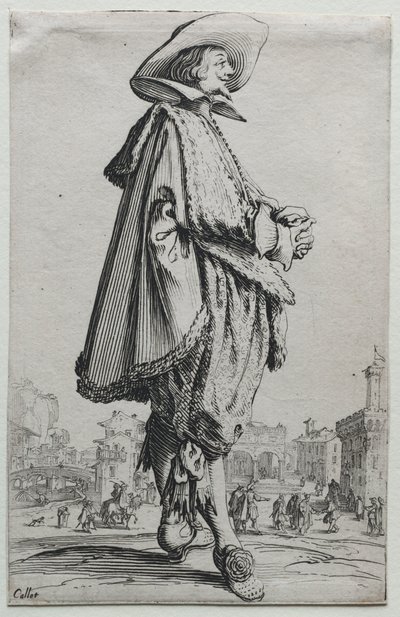 Gentleman stående i profil med foldede hænder. af Jacques Callot
