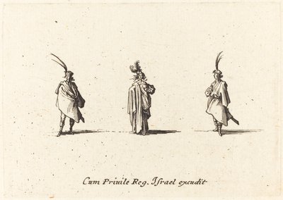 Dame i lang kappe og to herrer af Jacques Callot