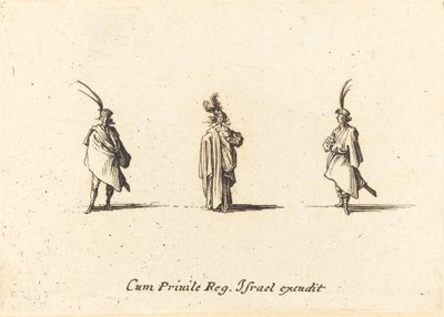 Dame i lang kappe og to herrer af Jacques Callot