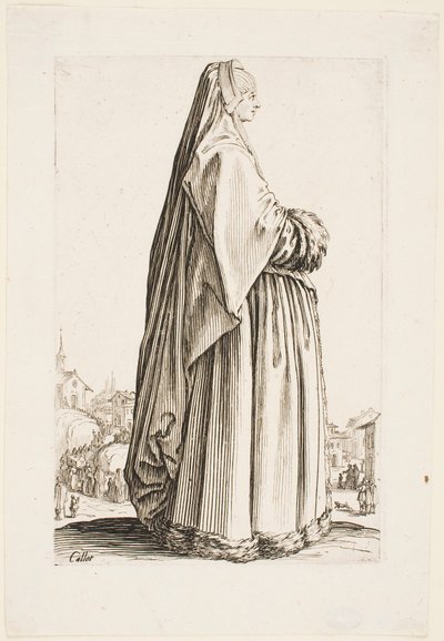 Dame i et langt slør og en pelsklippet kjole, fra serien "The Nobility of Lorraine" af Jacques Callot
