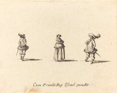 Dame med foldede arme og to herrer af Jacques Callot
