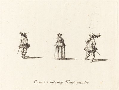 Dame med foldede arme og to herrer af Jacques Callot