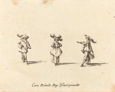 Dame med store faner og to herrer af Jacques Callot