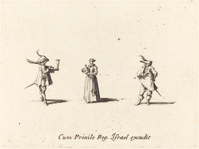 Dame med vinflaske og to herrer, formentlig 1634. af Jacques Callot