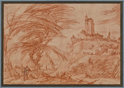 Landskab, til højre et stort tårn på en bakke, til venstre en gruppe træer og nogle figurer af Jacques Callot