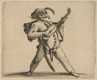 Den maskerede komiker spiller guitar, fra ..., 1616-22. af Jacques Callot