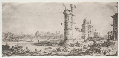 De to fantastiske udsigter over Paris: Udsigt over Pont Neuf, 1628-1630. af Jacques Callot