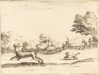 Løvinde og unge forfulgt af jægere af Jacques Callot