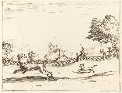 Løvinde og unge forfulgt af jægere af Jacques Callot