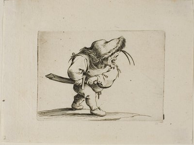 Mand forbereder sig på at trække sit sværd, fra Varie Figure Gobbi af Jacques Callot