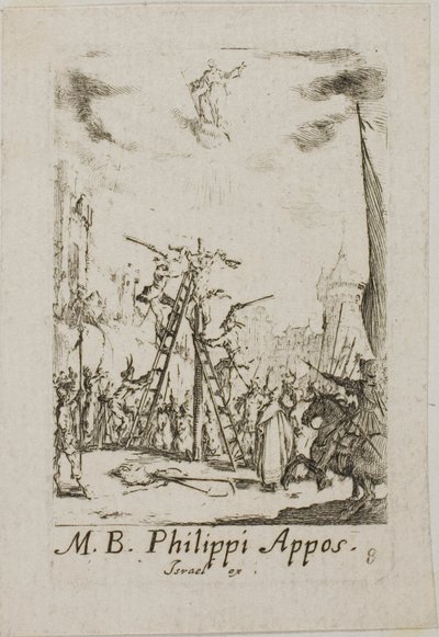 Sankt Phillips martyrium, planche otte fra Apostlenes martyrier af Jacques Callot
