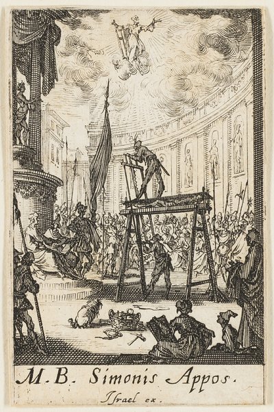 Sankt Simons martyrium, planche ti fra Apostlenes martyrier af Jacques Callot