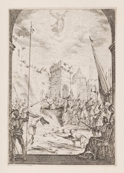 Johannes evangelistens martyrium, nr. 2 fra Apostlenes martyrium af Jacques Callot