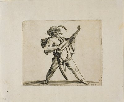 Maskeret komiker spiller guitar, fra Varie Figure Gobbi af Jacques Callot