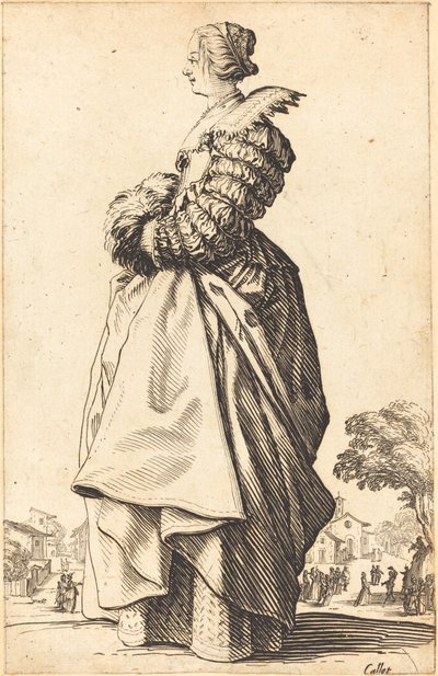 Ædel kvinde i profil med hænderne i en muffe af Jacques Callot