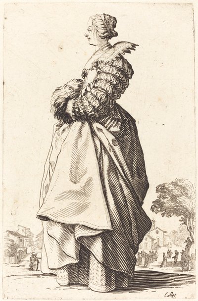 Ædel kvinde i profil med hænderne i en muffe af Jacques Callot
