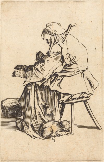 Gammel kvinde med katte af Jacques Callot