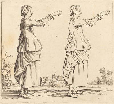 Bondekvinde, i profil, vendt mod højre, med strakt arm af Jacques Callot