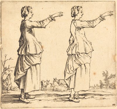 Bondekvinde, i profil, vendt mod højre, med strakt arm, 1617 og 1621. af Jacques Callot