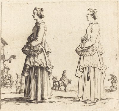 Bondekone med kurv, i profil, vendt mod venstre, 1617 og 1621. af Jacques Callot