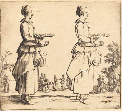 Bondekone med kurv, i profil, vendt mod højre, 1617 og 1621. af Jacques Callot