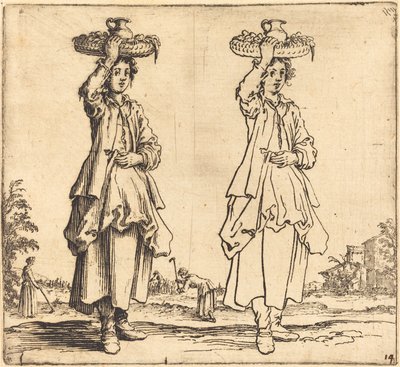 Bondekvinde med kurv på hovedet set forfra af Jacques Callot