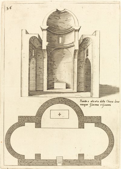 Plan og højde af kirken af de hellige Jakob og Johannes af Jacques Callot