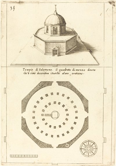 Plan og gengivelse af Salomons tempel af Jacques Callot