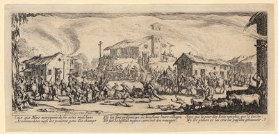 Plyndringen og afbrændingen af en landsby, blad 7 fra serien „Krigens rædsler“ af Jacques Callot