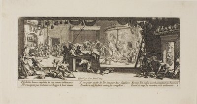 Plyndring af en stor bondegård, planche fem fra Krigens elendighed af Jacques Callot