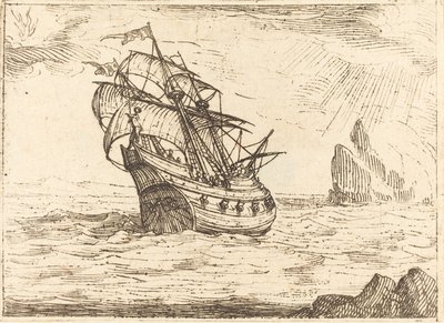 Skib, der navigerer i nærheden af klipper. af Jacques Callot