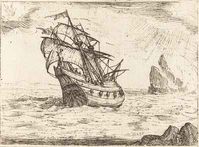 Skib, der navigerer i nærheden af klipper af Jacques Callot