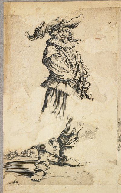 Soldat med fjerhat, fra La Noblesse de Lorraine (verso), ca. 1620-23 af Jacques Callot