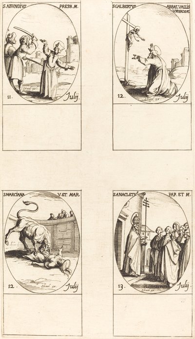 St. Rigelig; St. Galbertus; St. Marciana; St. Anacletus af Jacques Callot