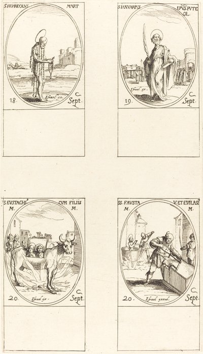 St. Ferreolus, St. januar, St. Eustace og hans børn, St. Fausta og Evelasius. af Jacques Callot