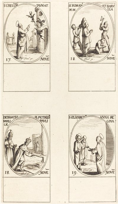 St. Gregory; Sts. Romanus & Barulla; Indvielse af basilikaerne i SS. Peter & Paul; af Jacques Callot